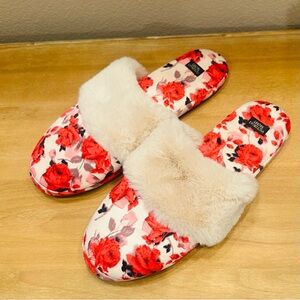 Victoria Secret Signature Satin Floral Red and Cream Fur Slippers